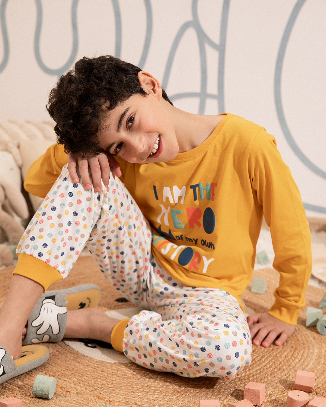 i am the Hero بيجامة اطفالي اولادي كم طويل *بنطلون مطبوع قطن