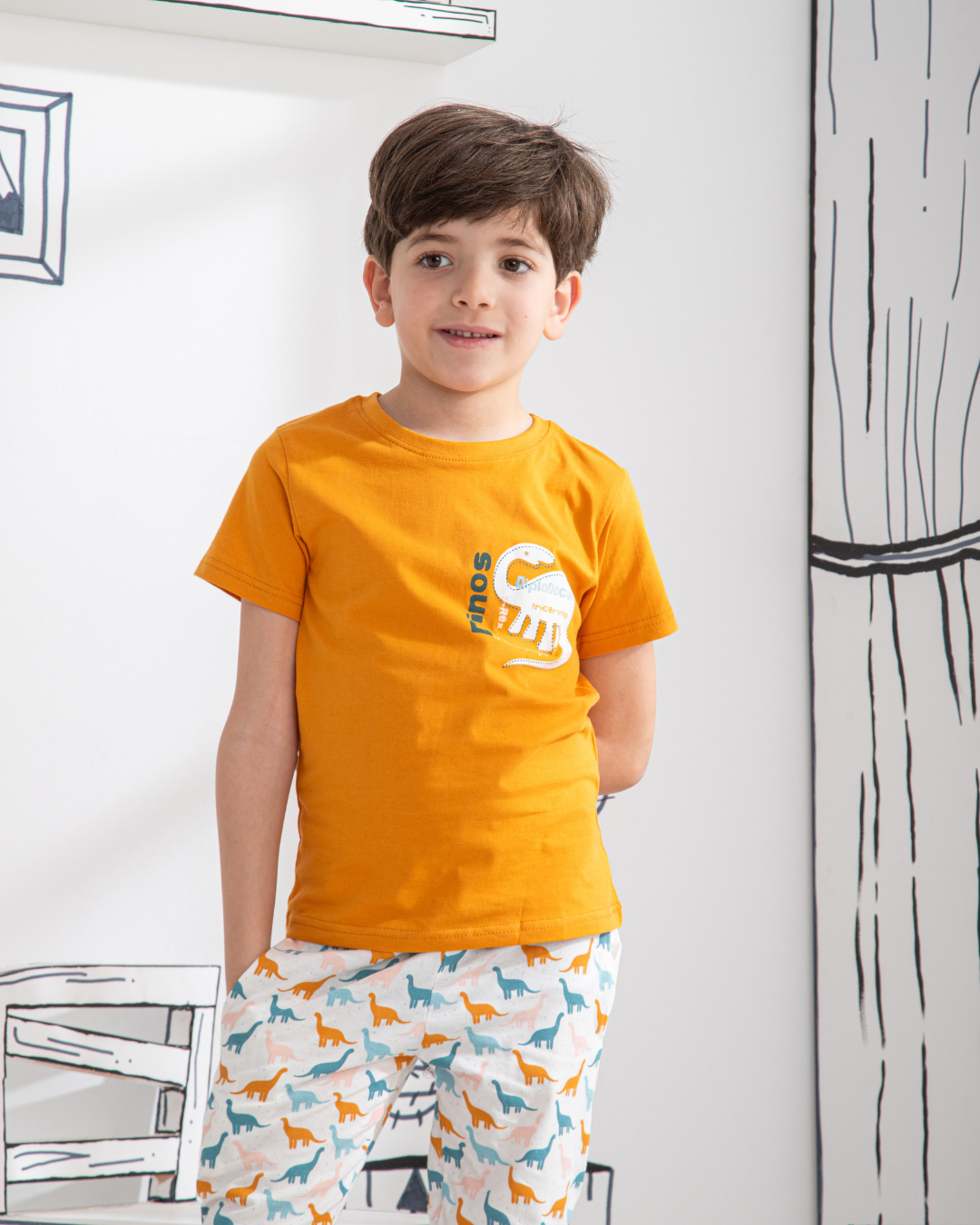 Dinos بيجاما اطفالي اولادي نص كم وبنطلون قطن