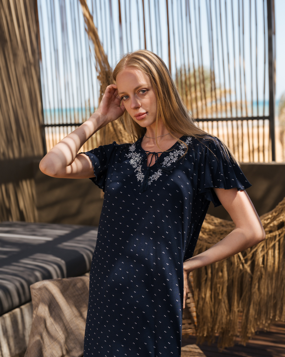 Printed Embroidrey galabya جلابية حريمي نص كم  فسكوز مطبوع وعليها تطريز