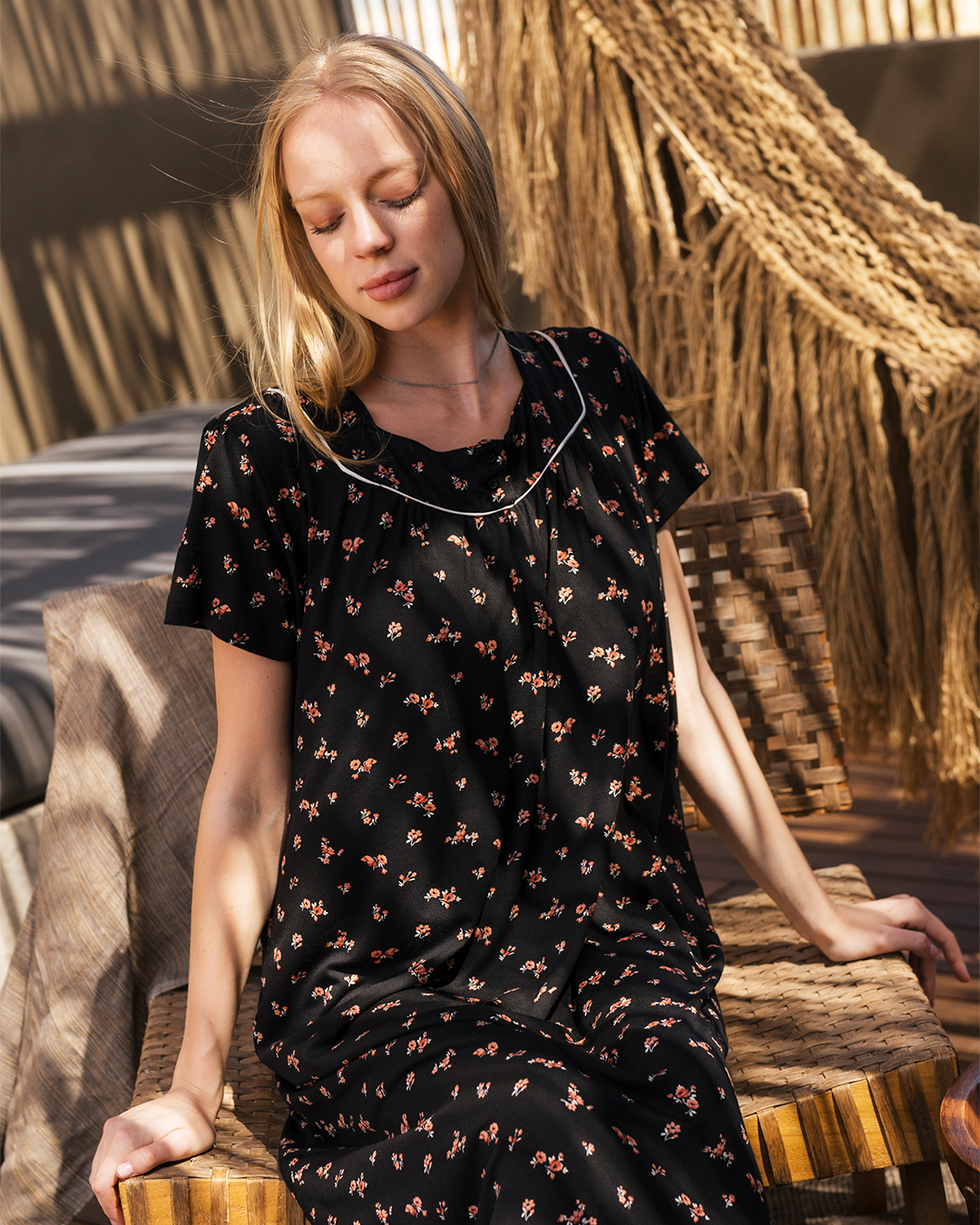 Black Floral Women's Half Sleeve Gown