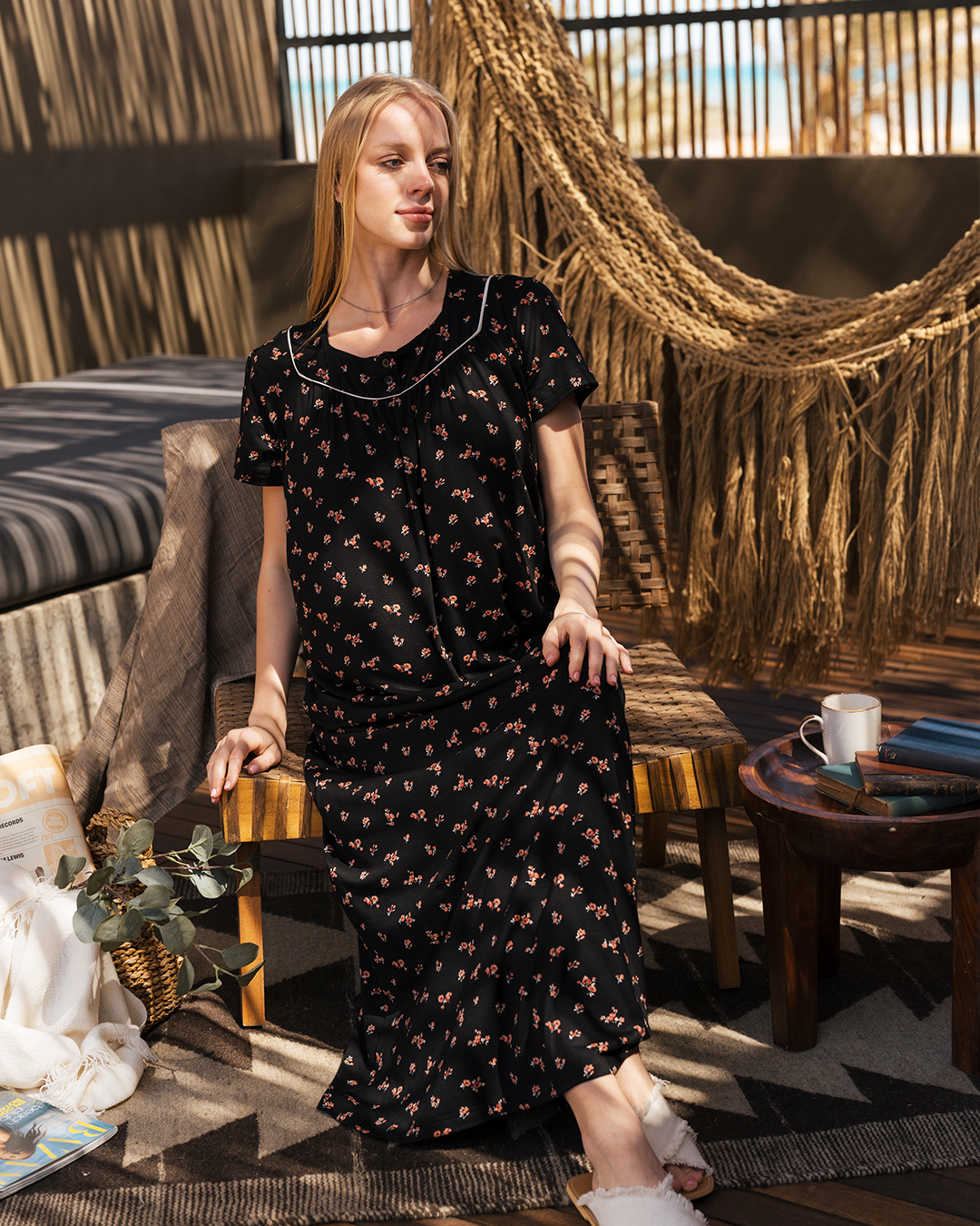 Black Floral Women's Half Sleeve Gown