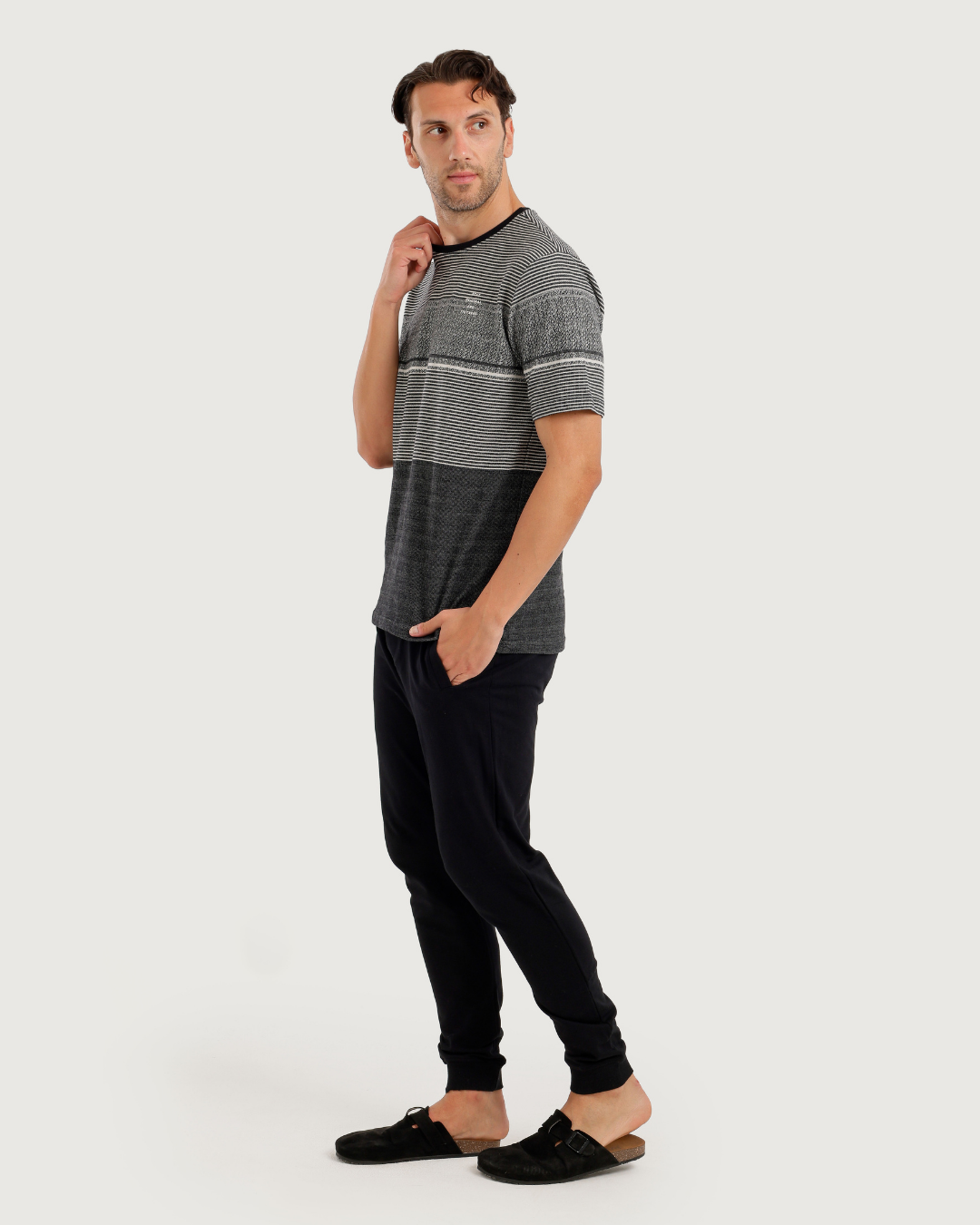 Stripe Jacquard بيجاما رجالي نص كم جاكار * بنطلون سمر ميلتون سادة