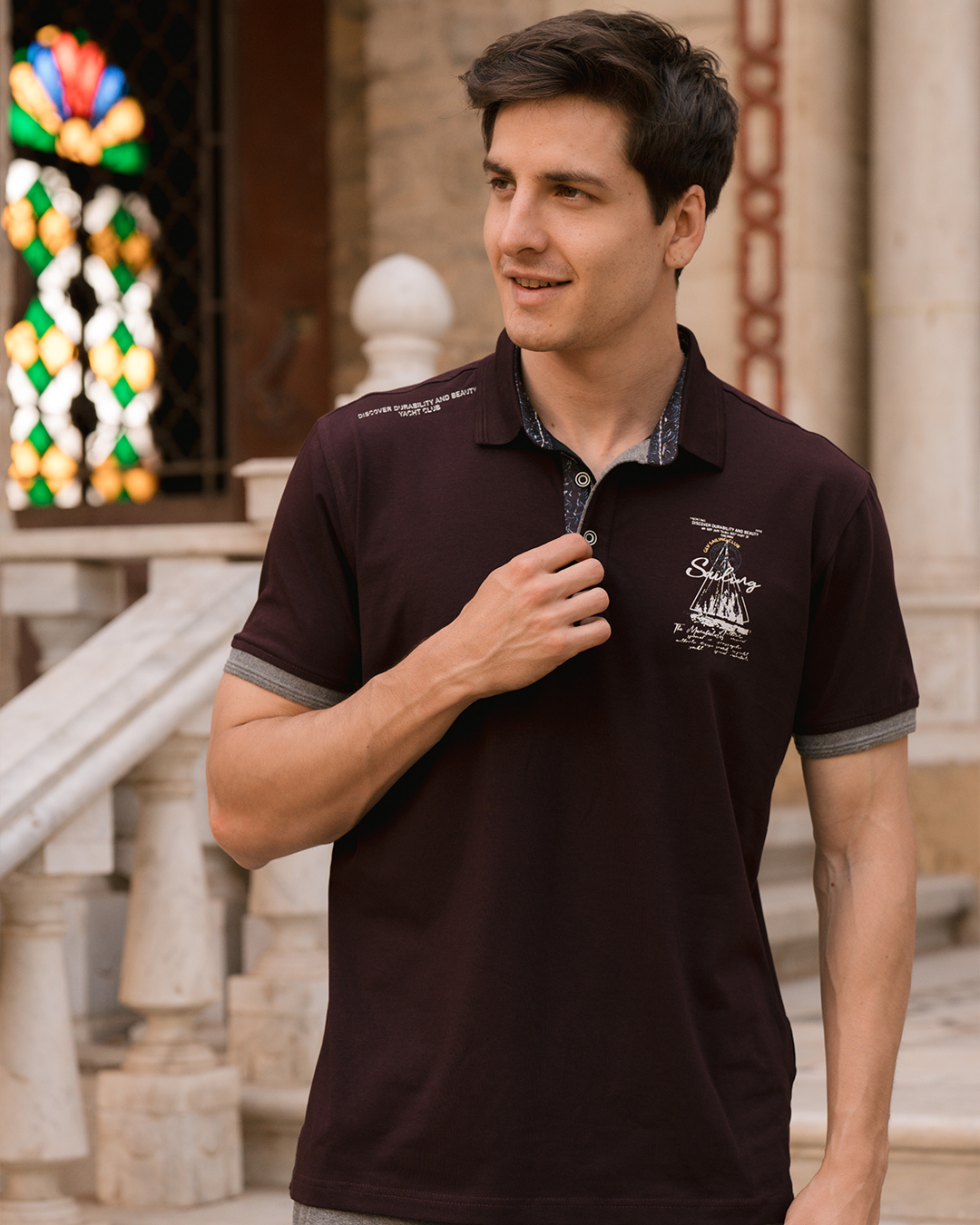 GLV sailing club بيجامه رجالي ياقة بزراير طابعة علي الصدر