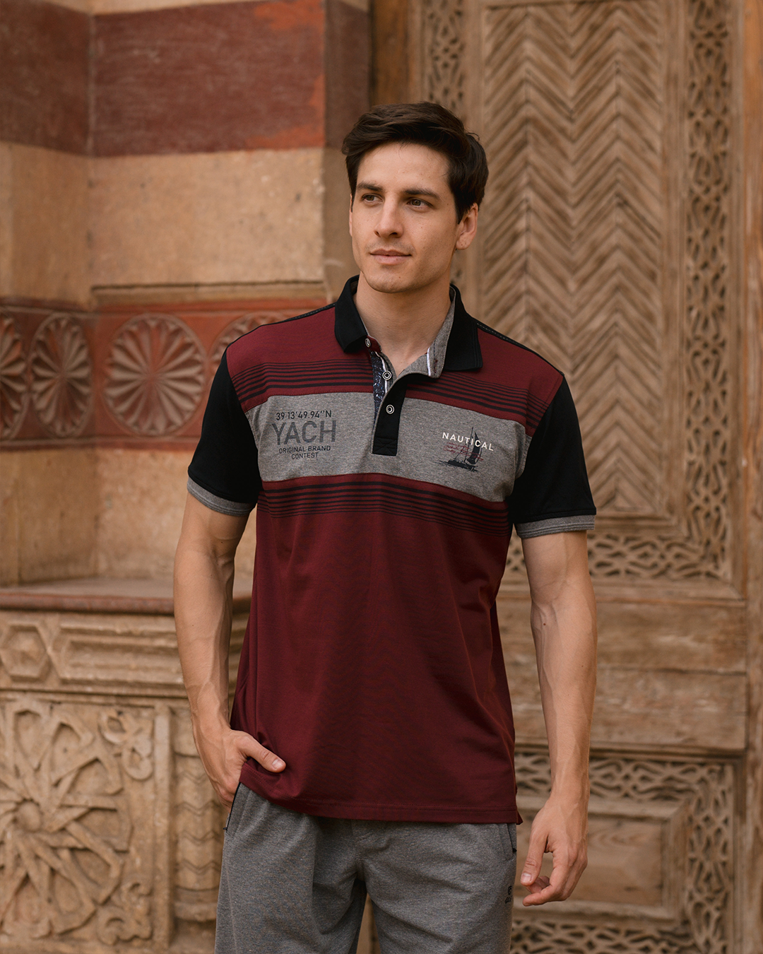 Nautical YACH بيجامه رجالي ياقة بزراير طابعة علي الصدر