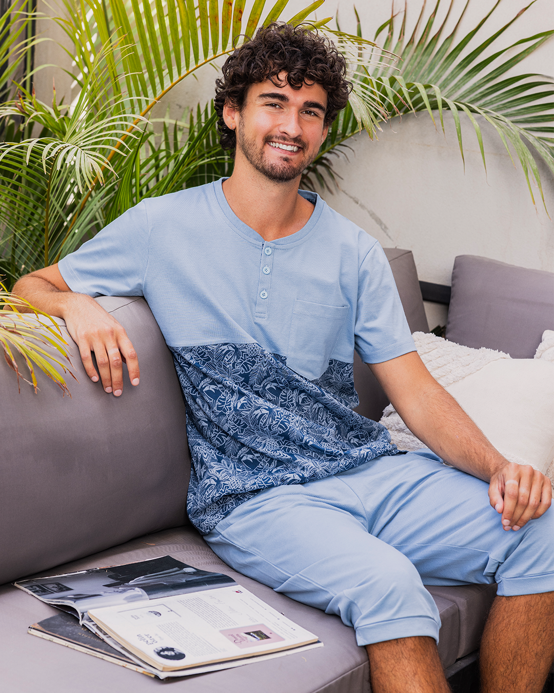 Summer vibes بيجاما رجالي نص كم و بنتكور قطن