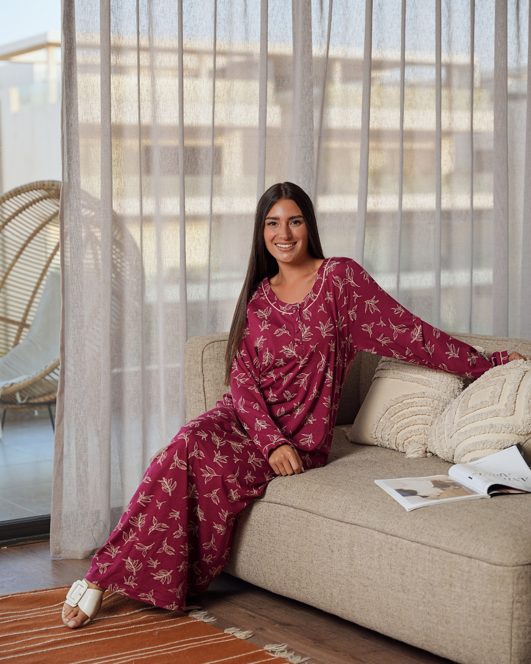 قميص حريمي بكم مطبوع ورق الشجر