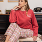 Plain women's pajamas * plaid fabric, plain long-sleeved jacket with a round neck and buttoned collar