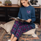 Plain women's pajamas * plaid fabric, plain long-sleeved jacket with a round neck and buttoned collar