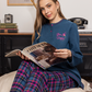 Plain women's pajamas * plaid fabric, plain long-sleeved jacket with a round neck and buttoned collar