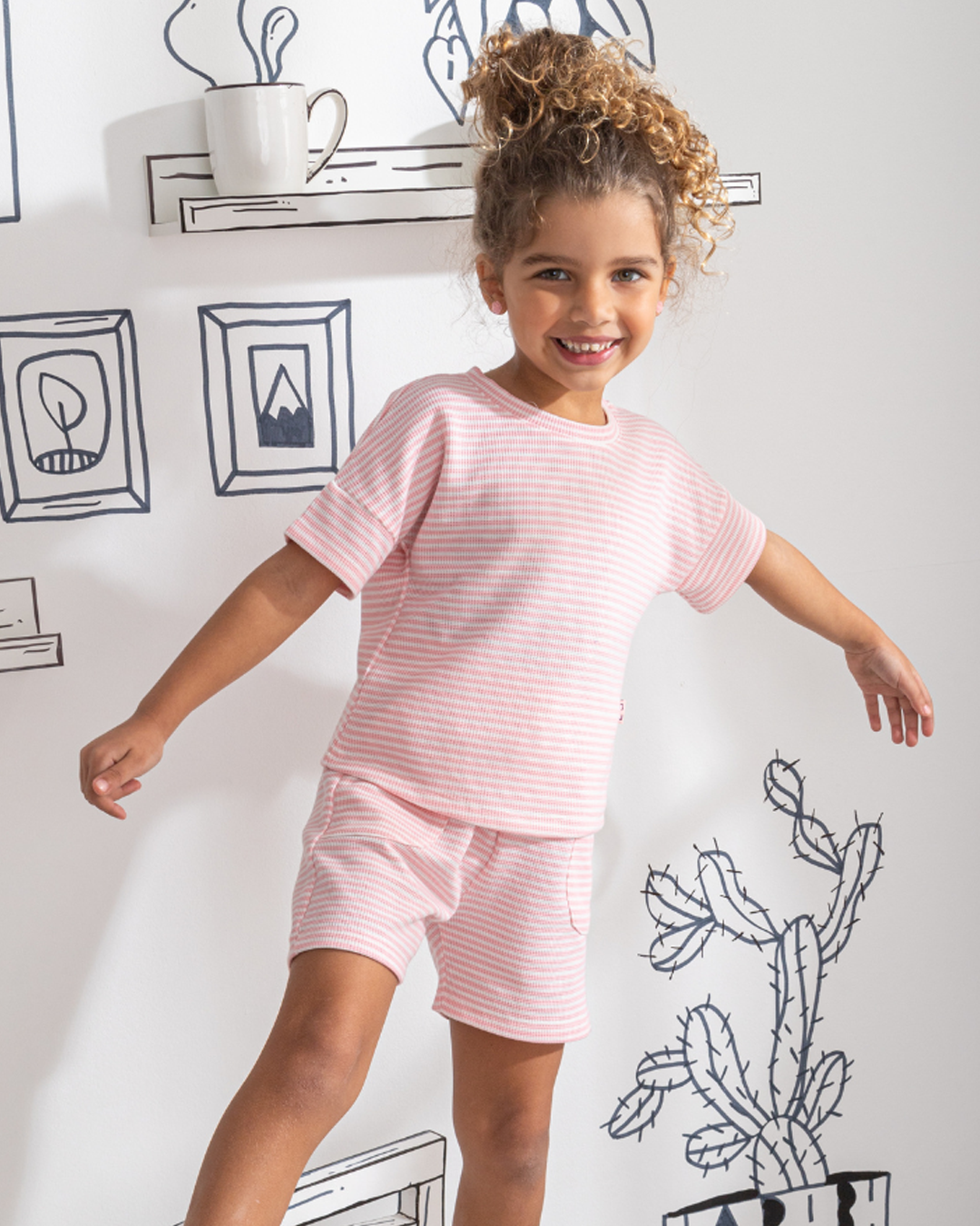 Waffel Stripe children's pajamas for girls, half sleeves and shorts