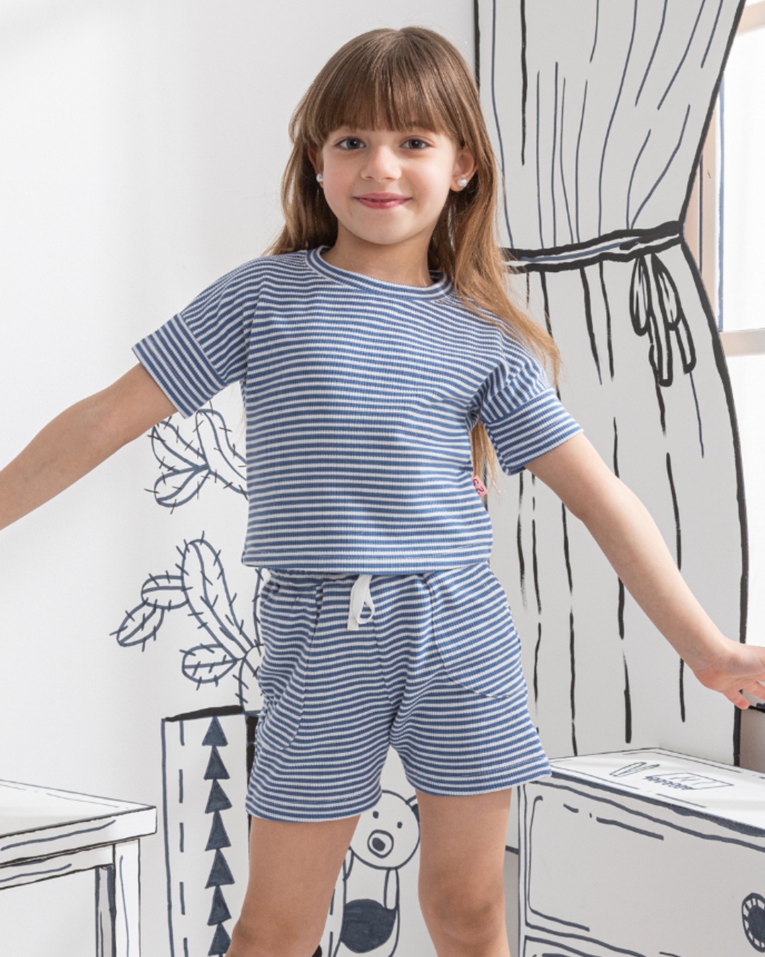 Waffel Stripe بيجاما اطفالي بناتي نص كم وشورت