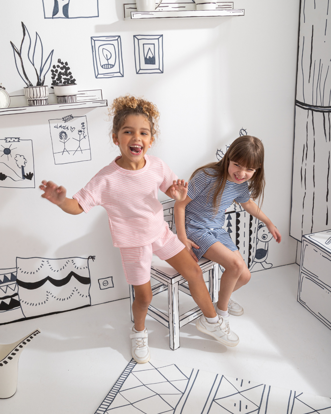 Waffel Stripe بيجاما اطفالي بناتي نص كم وشورت