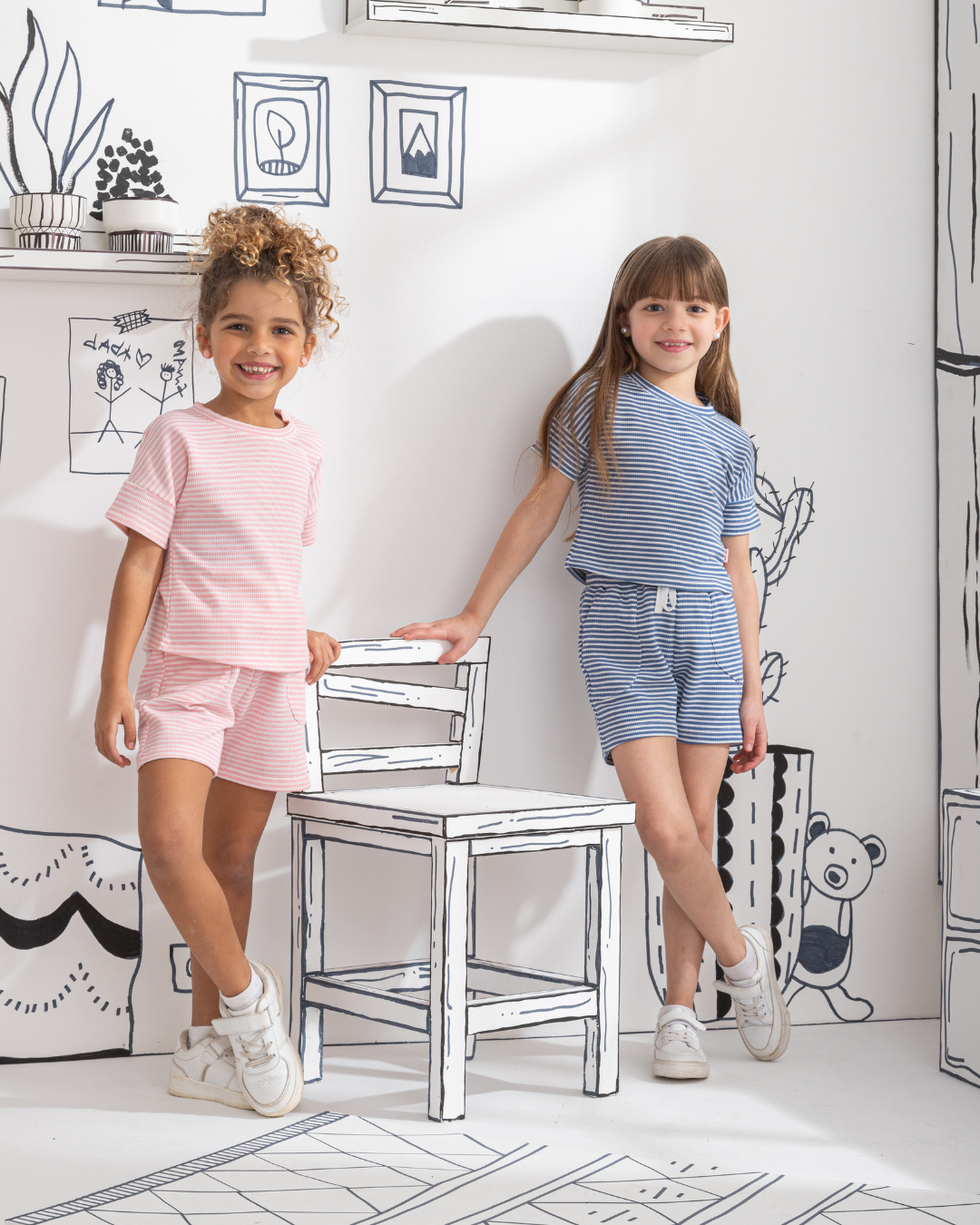 Waffel Stripe بيجاما اطفالي بناتي نص كم وشورت