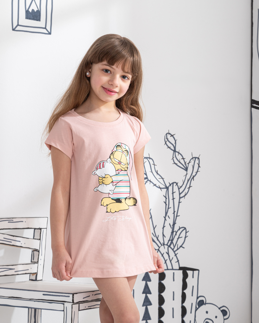 Lets Sleep Garfeild قميص نوم بناتي نص كم قطن