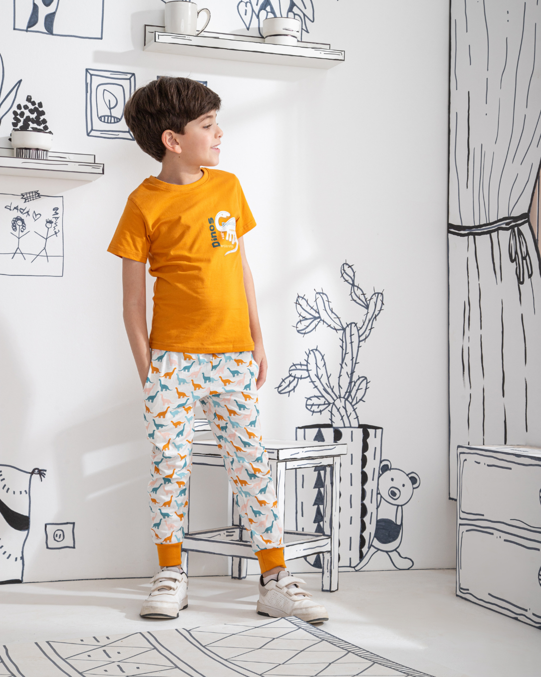 Dinos بيجاما اطفالي اولادي نص كم وبنطلون قطن