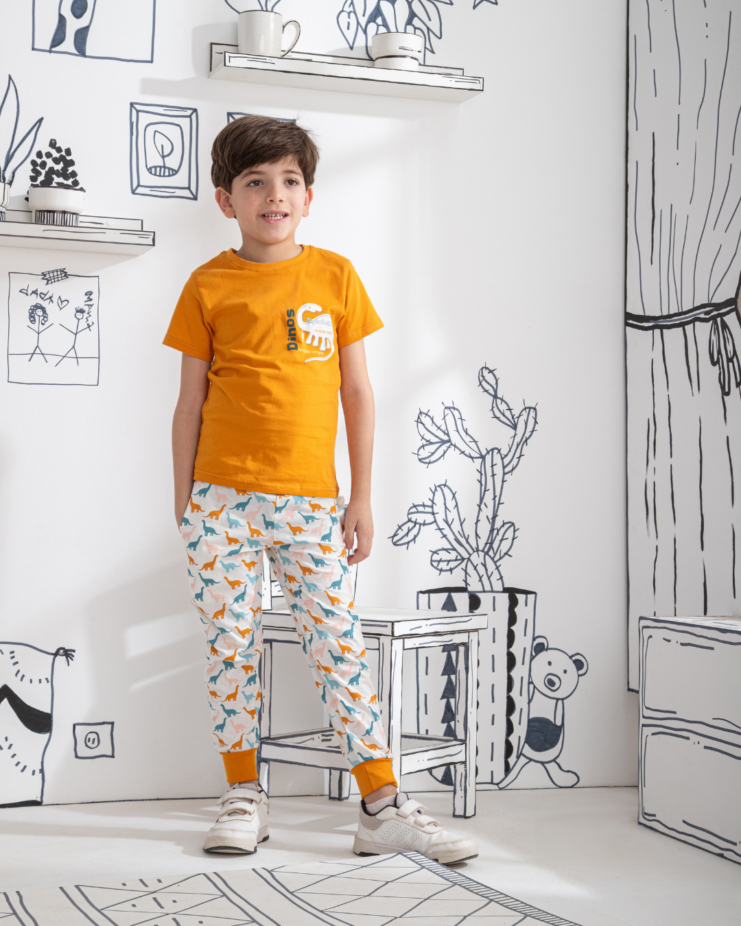 Dinos بيجاما اطفالي اولادي نص كم وبنطلون قطن