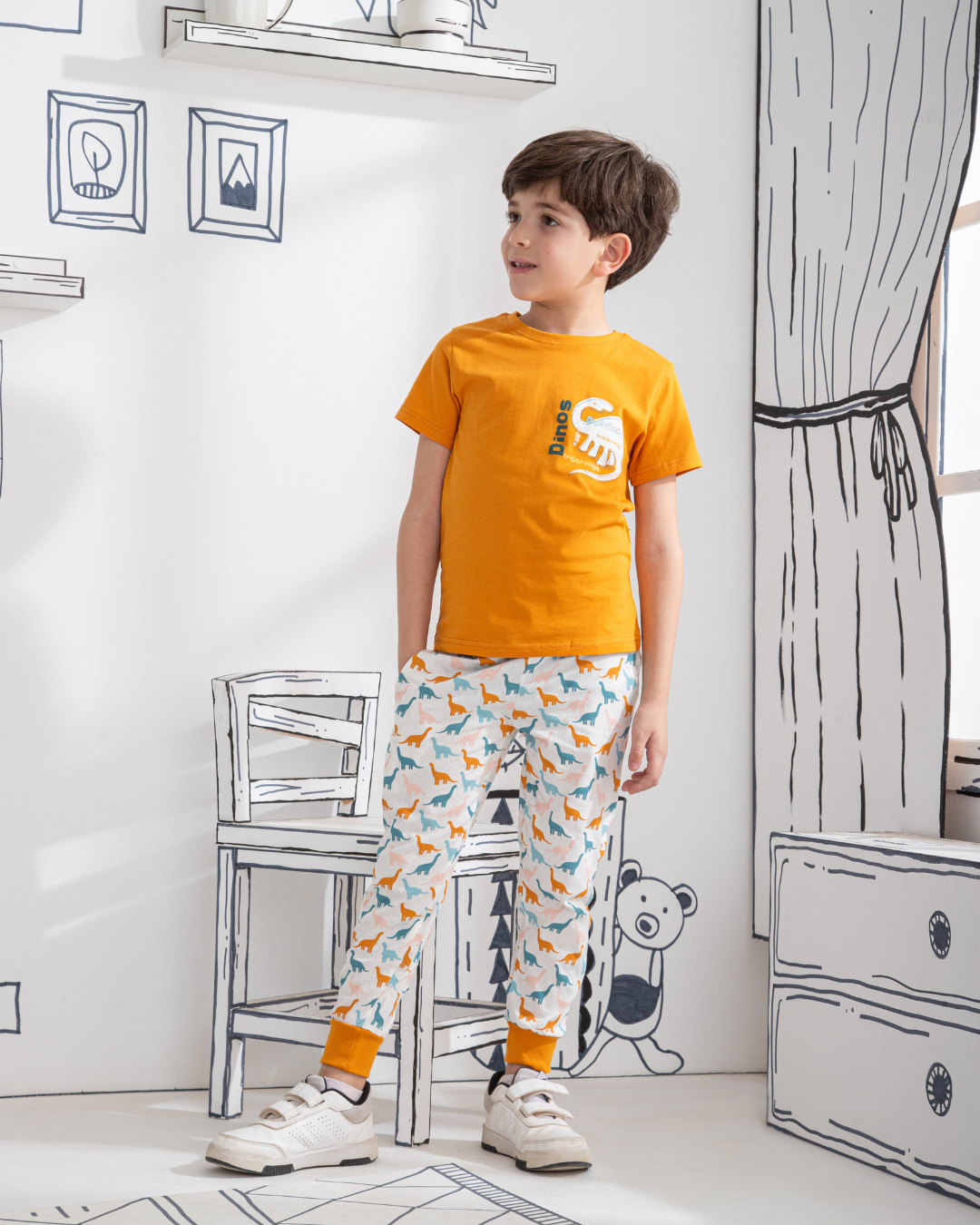 Dinos بيجاما اطفالي اولادي نص كم وبنطلون قطن