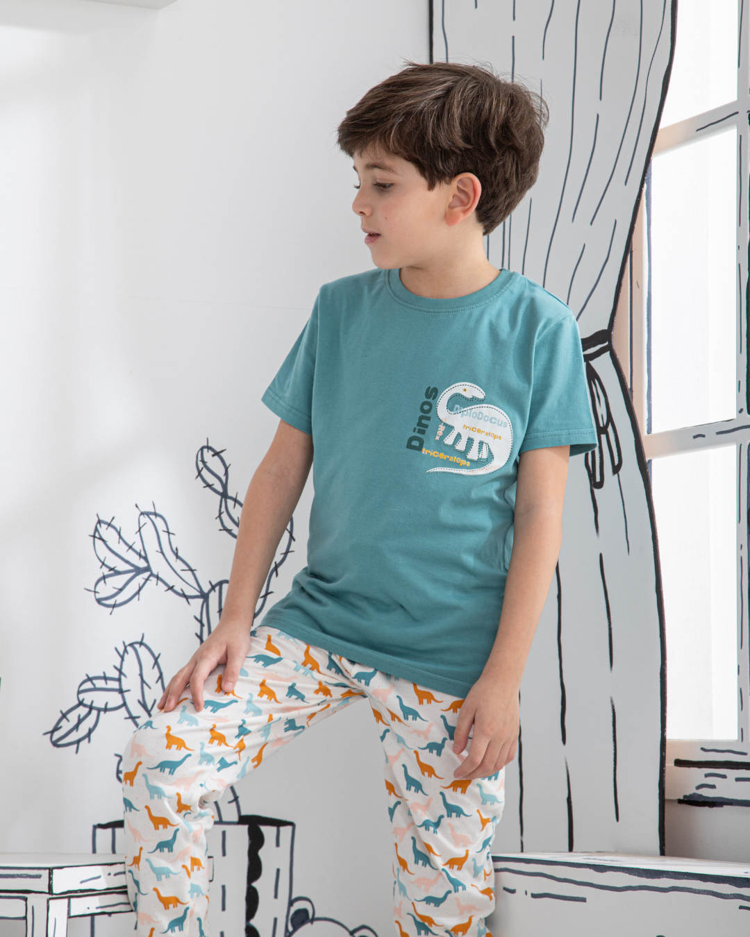Dinos بيجاما اطفالي اولادي نص كم وبنطلون قطن