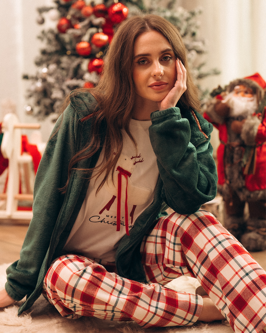 Merry Christmas بيجاما حريمي 3 قطع بولار ففيلا وتيشرت قطن