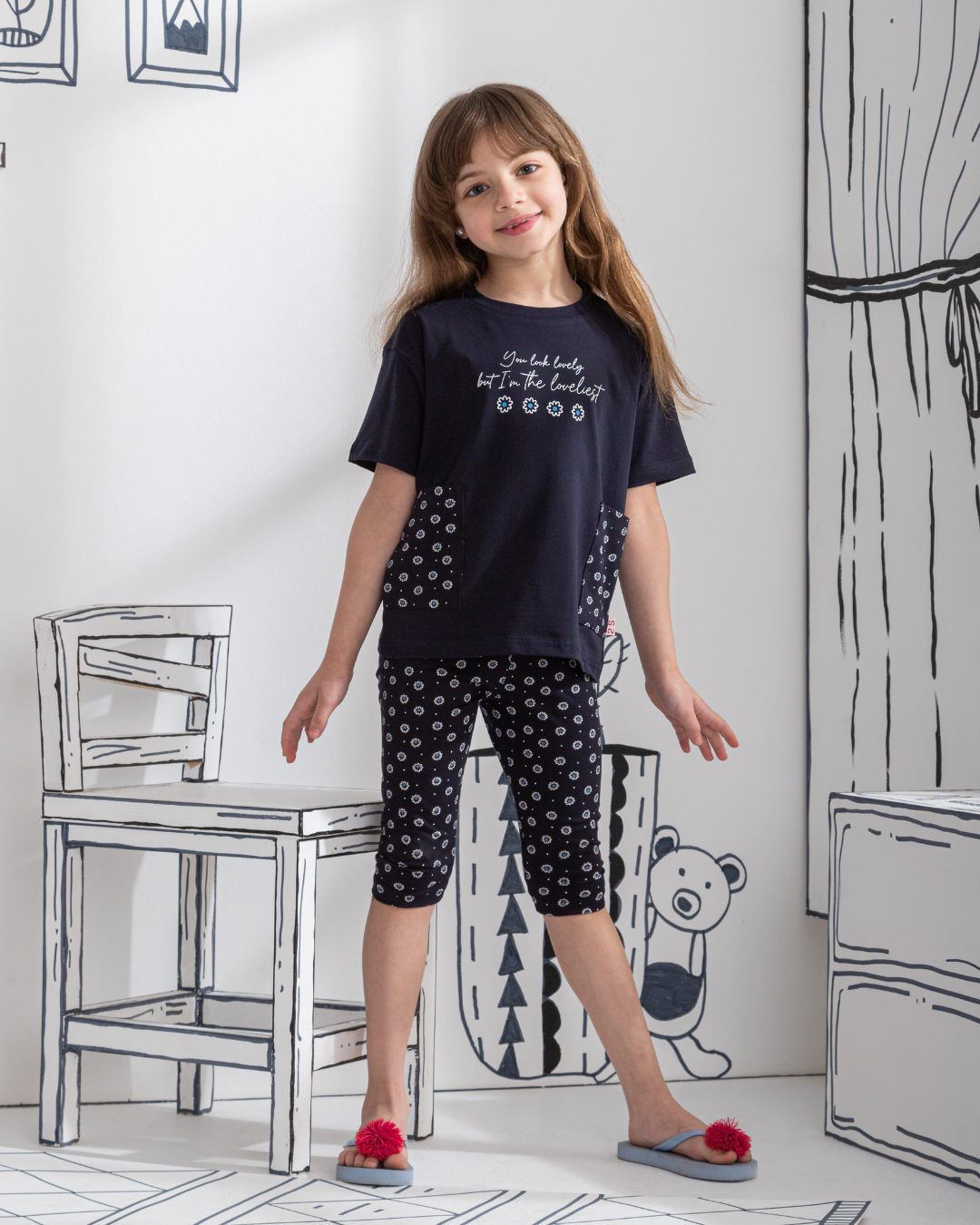 Loveliest flower بيجاما بناتي نص كم و بنتكور قطن