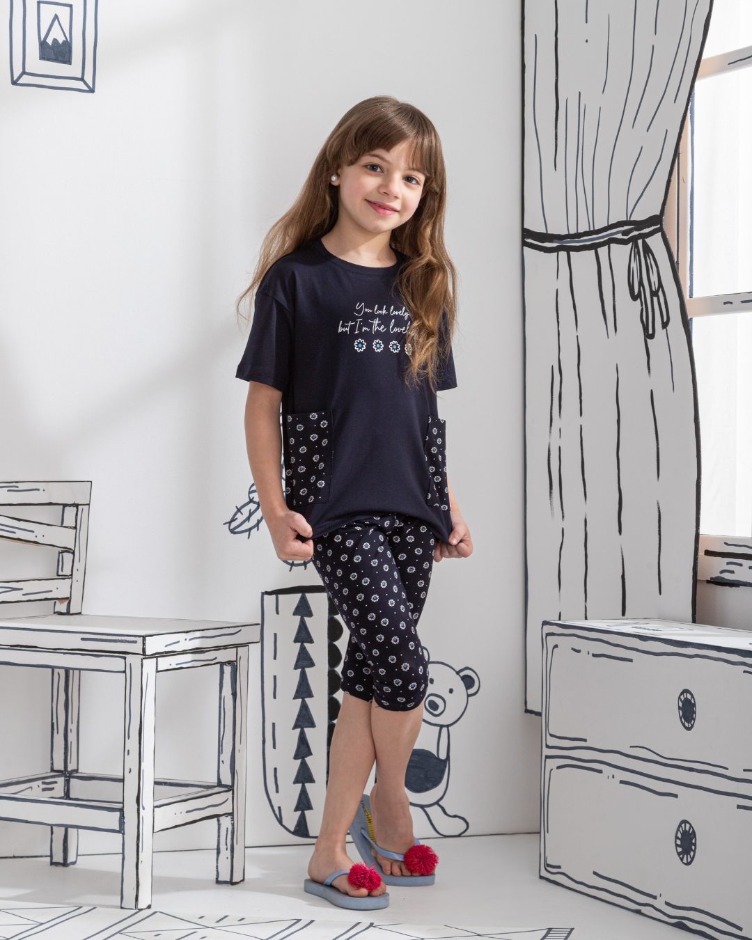 Loveliest flower بيجاما بناتي نص كم و بنتكور قطن