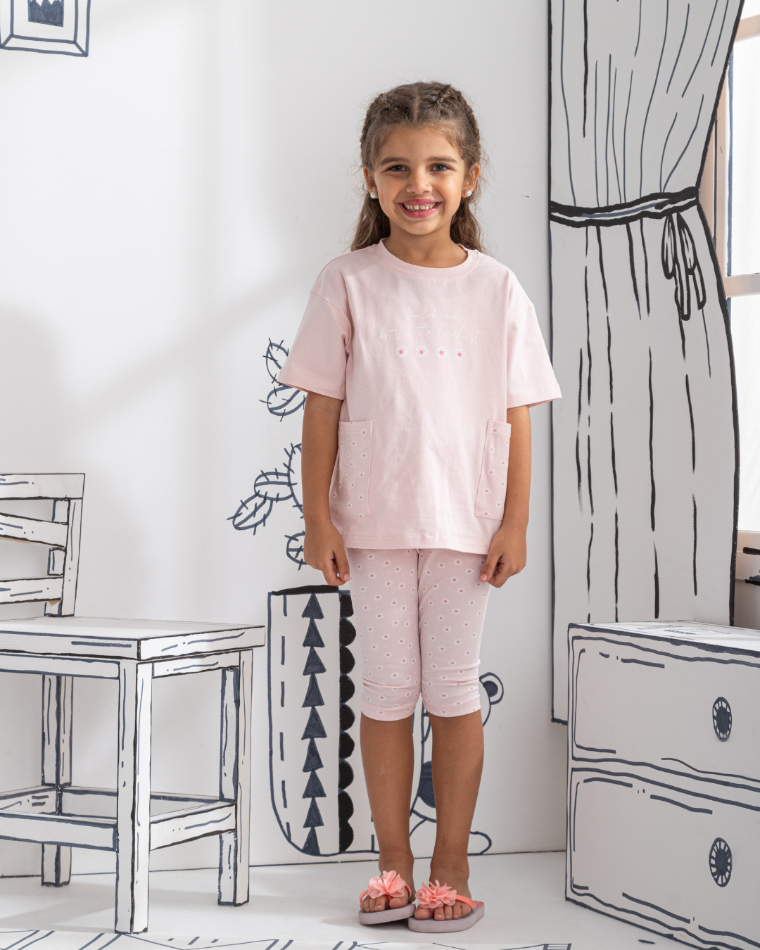 Loveliest flower بيجاما بناتي نص كم و بنتكور قطن