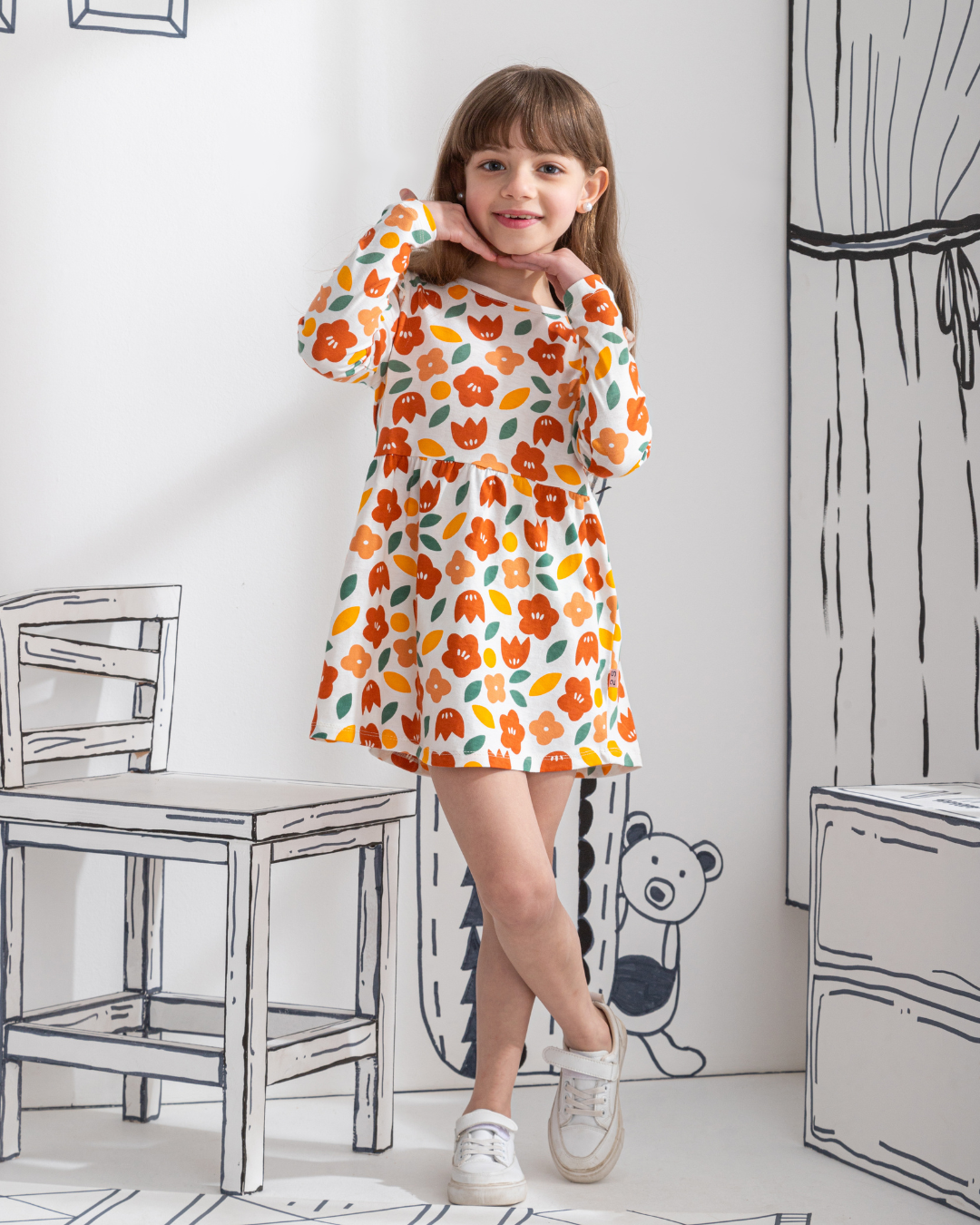 Floral فستان بناتي كُم طويل