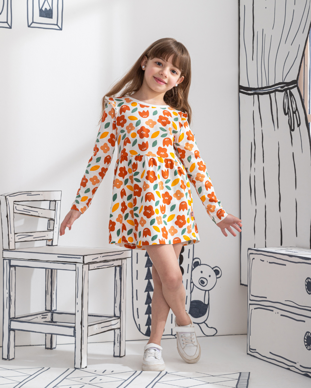 Floral فستان بناتي كُم طويل