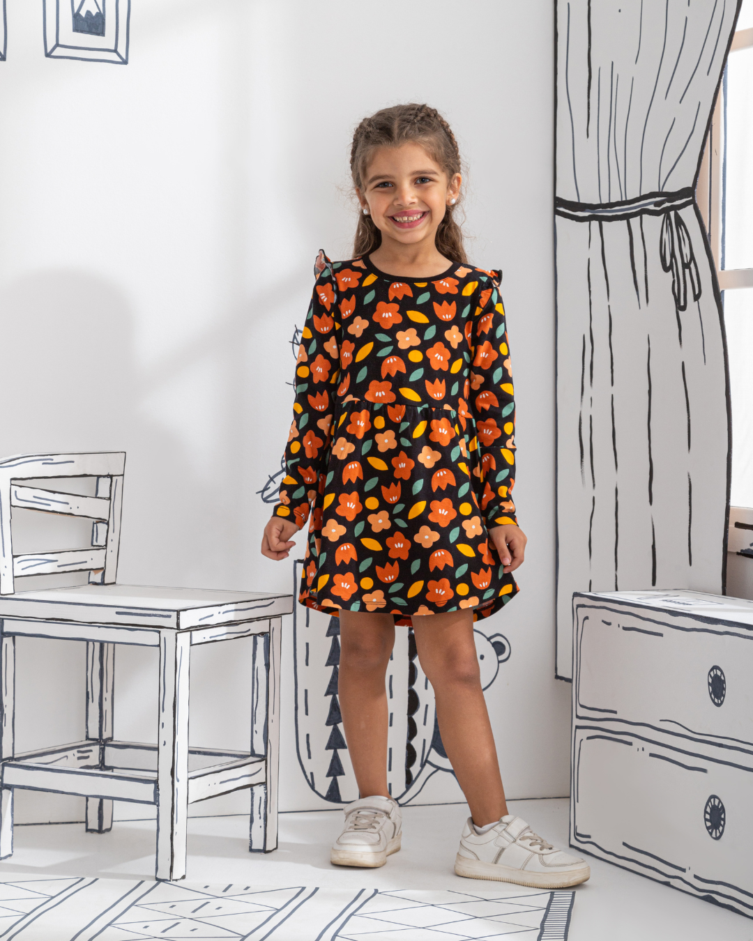 Floral فستان بناتي كُم طويل