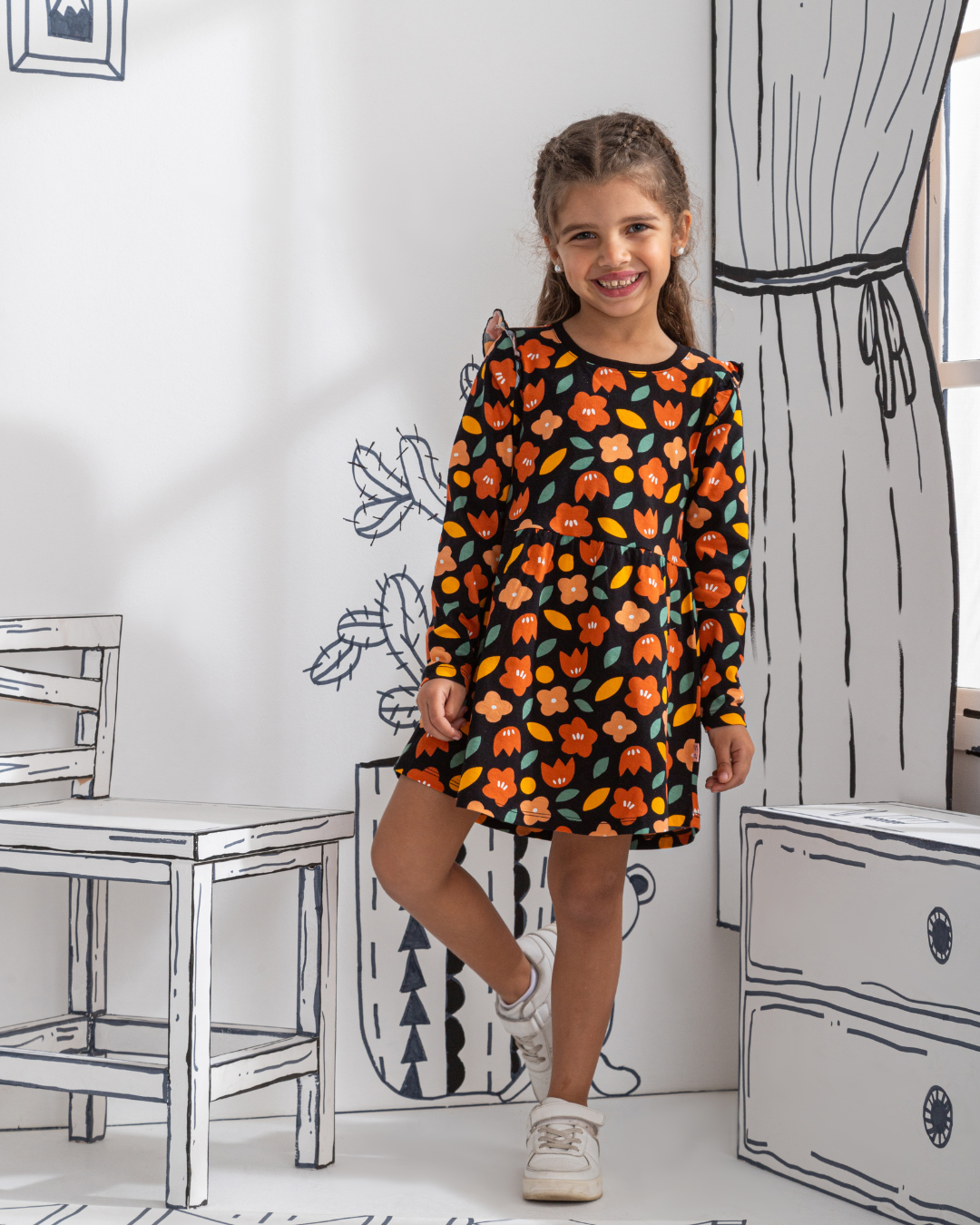 Floral فستان بناتي كُم طويل