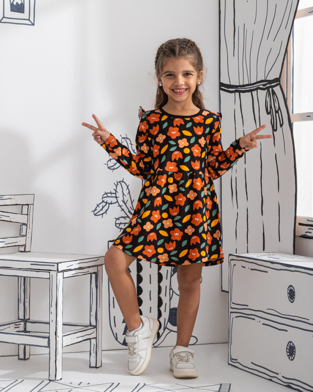 Floral فستان بناتي كُم طويل