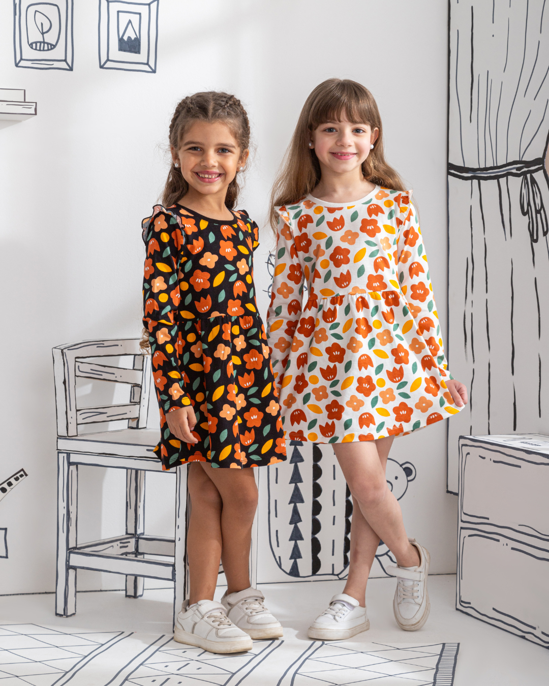 Floral فستان بناتي كُم طويل