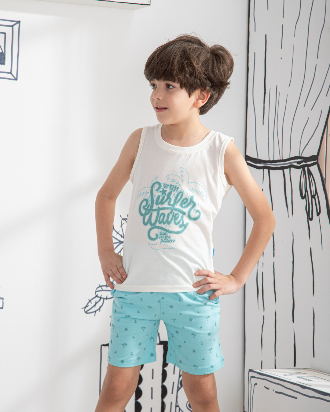 Surfer waves بيجاما اولادي كات و شورت قطن