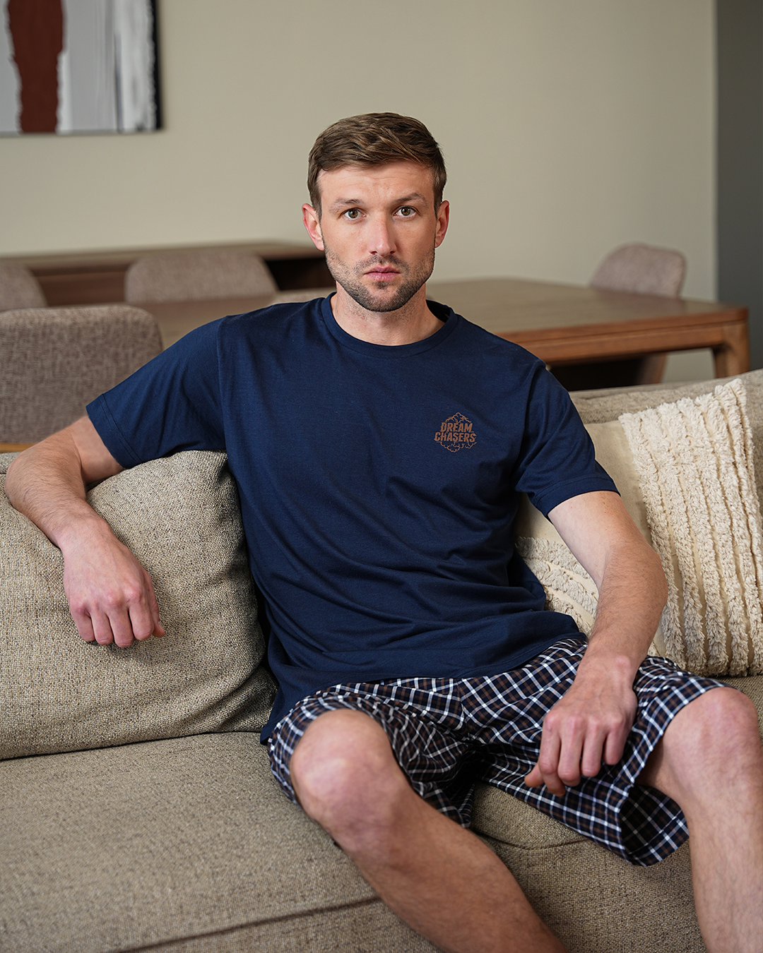 السادة Xبيجامه رجالي تيشرت نص كم رواند وشورت النسيج الكاروة