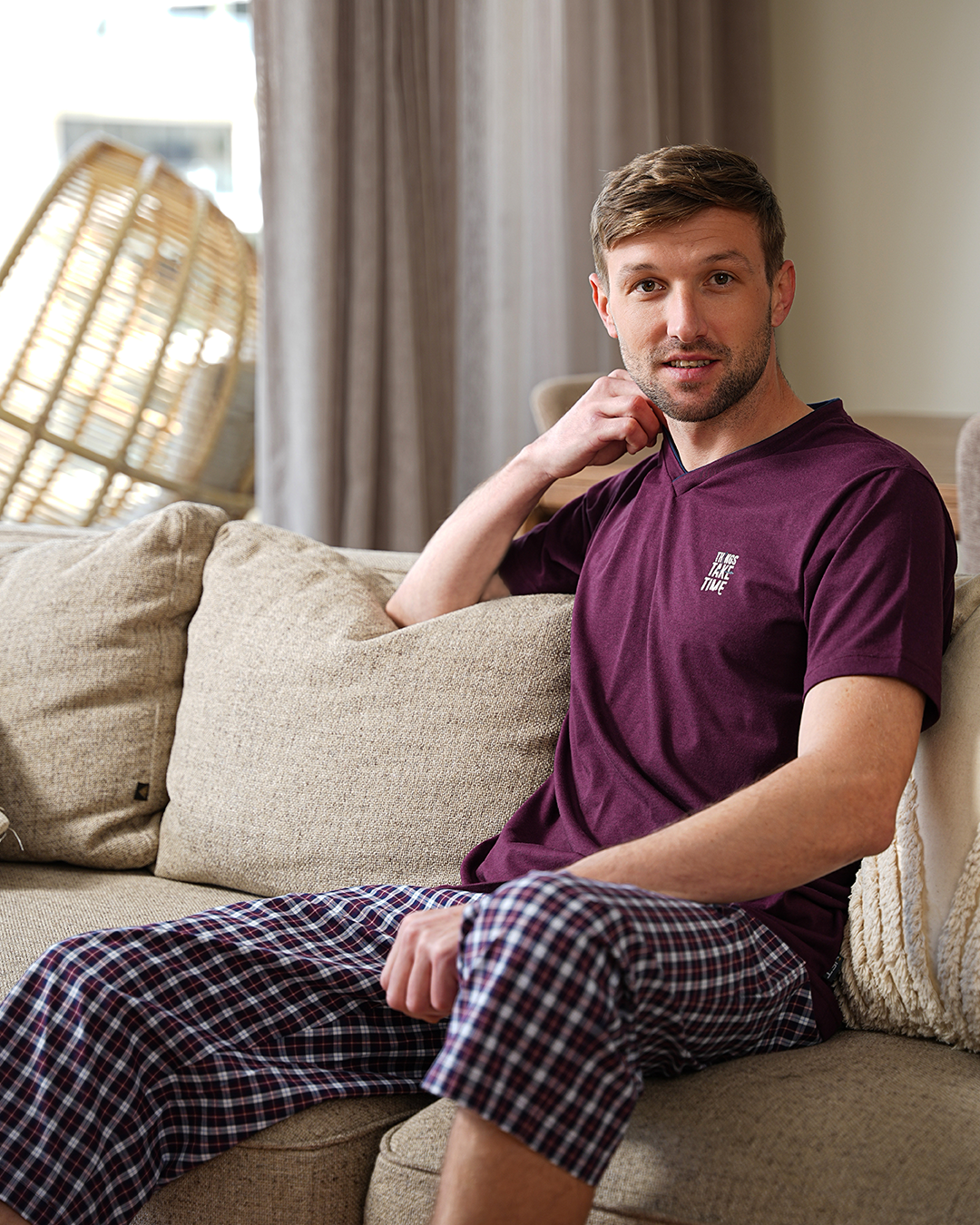 السادة Xبيجامه رجالي تيشرت نص كم رواند وبنتاكور النسيج الكاروة