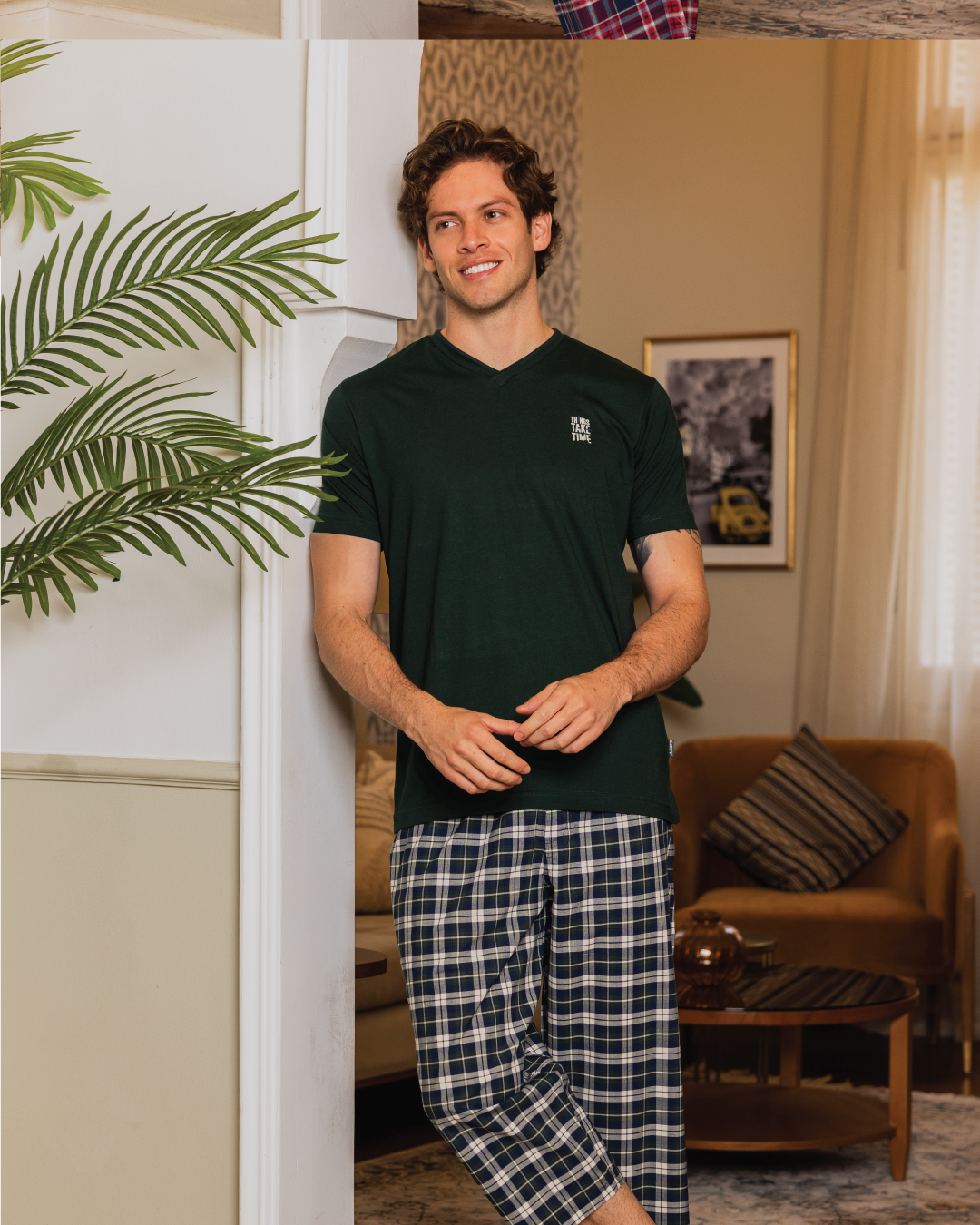 السادة Xبيجامه رجالي تيشرت نص كم رواند وبنتاكور النسيج الكاروة