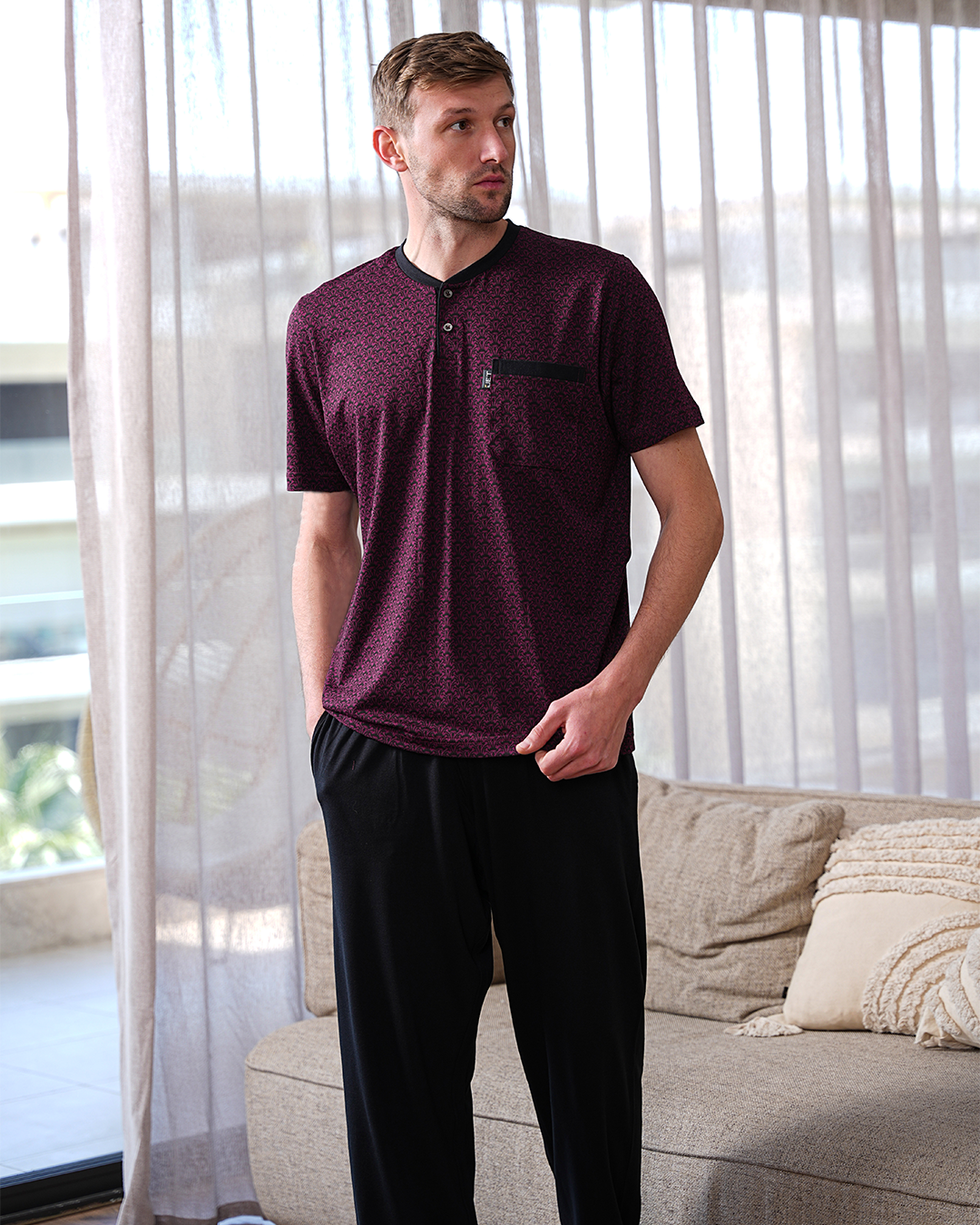 Men's pajamas, half-sleeve T-shirt and lotus-printed trousers