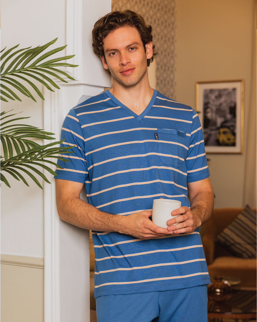 Men's pajamas, half sleeve T-shirt and striped printed trousers