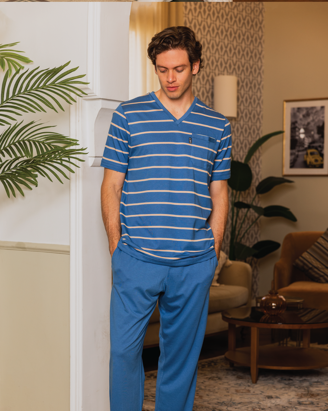 Men's pajamas, half sleeve T-shirt and striped printed trousers
