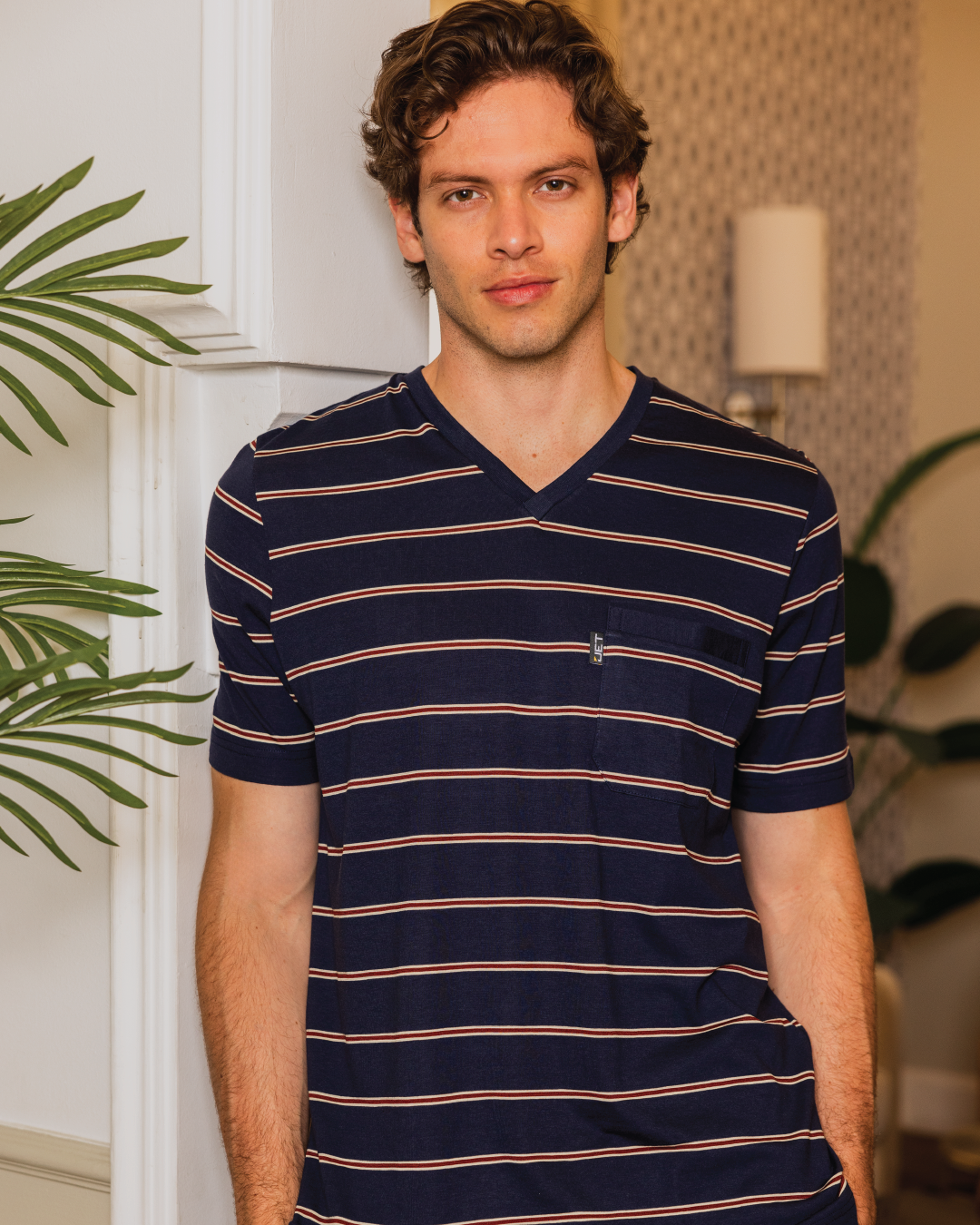 Men's pajamas, half sleeve T-shirt and striped printed trousers
