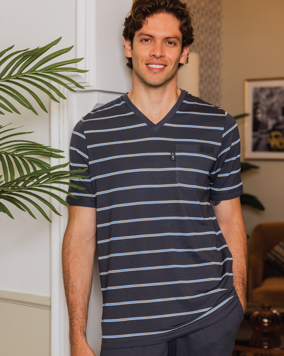 Men's pajamas, half sleeve T-shirt and striped printed trousers