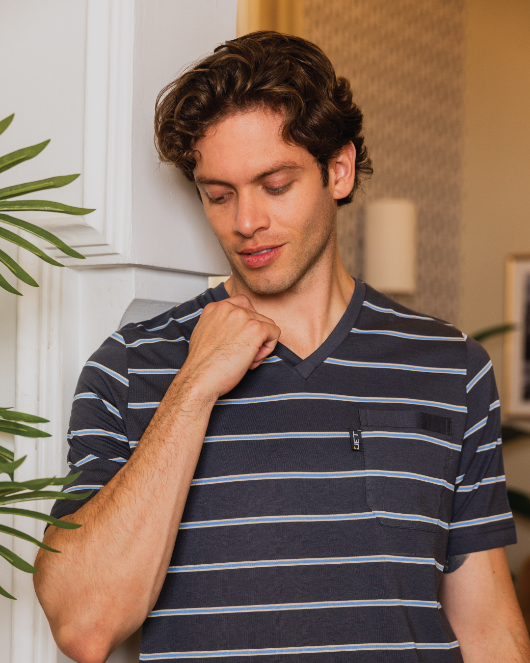 Men's pajamas, half sleeve T-shirt and striped printed trousers
