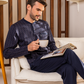 Plain men's pajamas, long-sleeved dyed-printed jacket with a round neck and buttoned collar