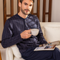 Plain men's pajamas, long-sleeved dyed-printed jacket with a round neck and buttoned collar