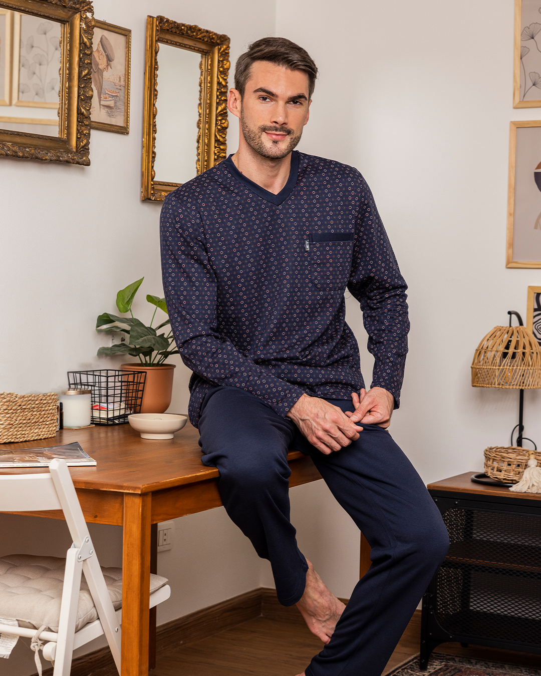 Men's plain dyed printed pajamas, long sleeve dyed printed jacket