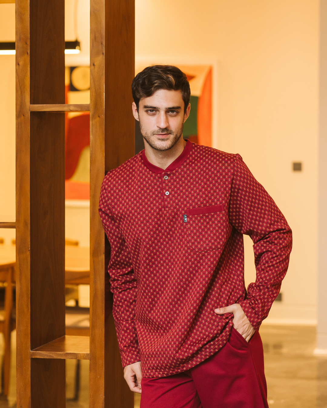 Men's plain dyed-printed pajamas, long-sleeved dyed-printed jacket with a round neck and buttoned collar