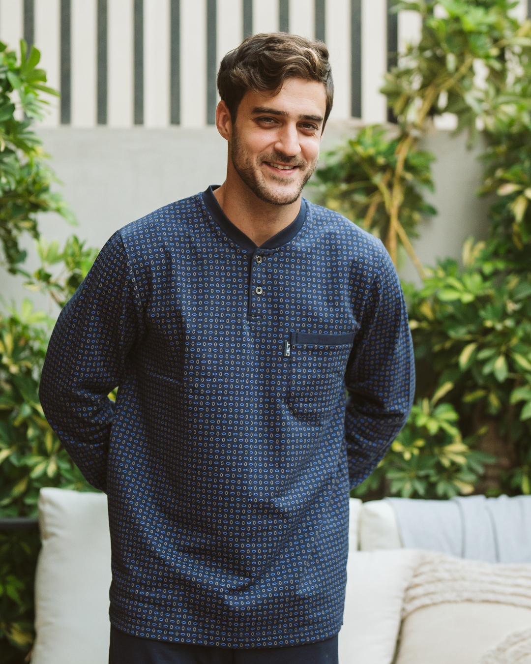 Men's plain dyed-printed pajamas, long-sleeved dyed-printed jacket with a round neck and buttoned collar