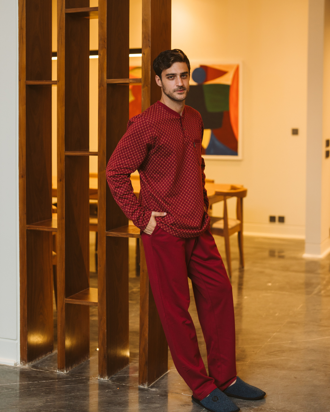 Men's plain dyed-printed pajamas, long-sleeved dyed-printed jacket with a round neck and buttoned collar