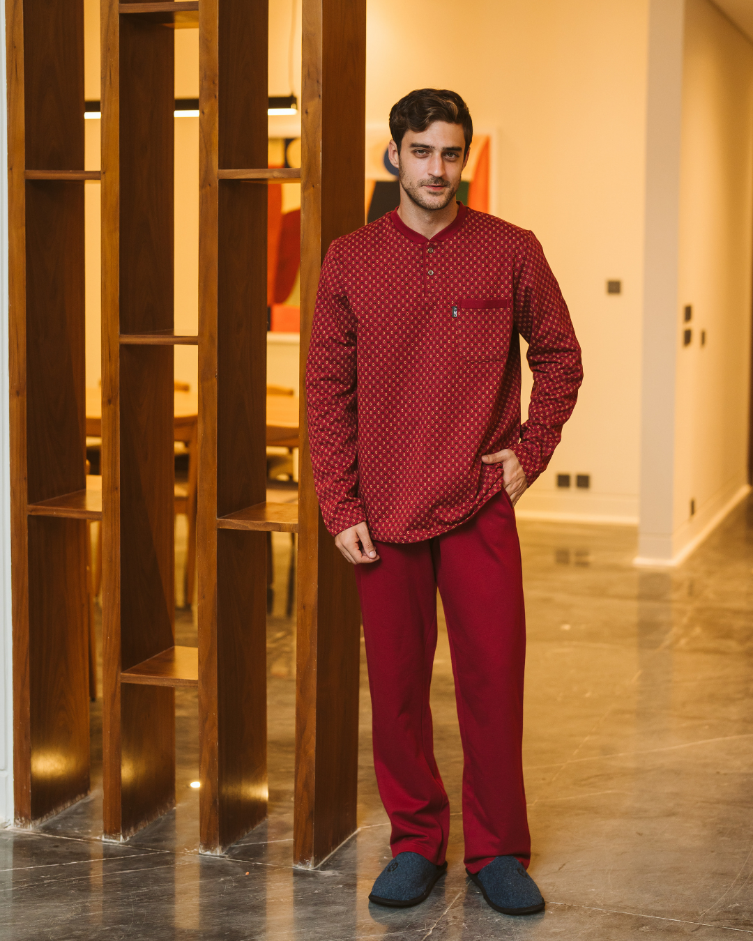 Men's plain dyed-printed pajamas, long-sleeved dyed-printed jacket with a round neck and buttoned collar