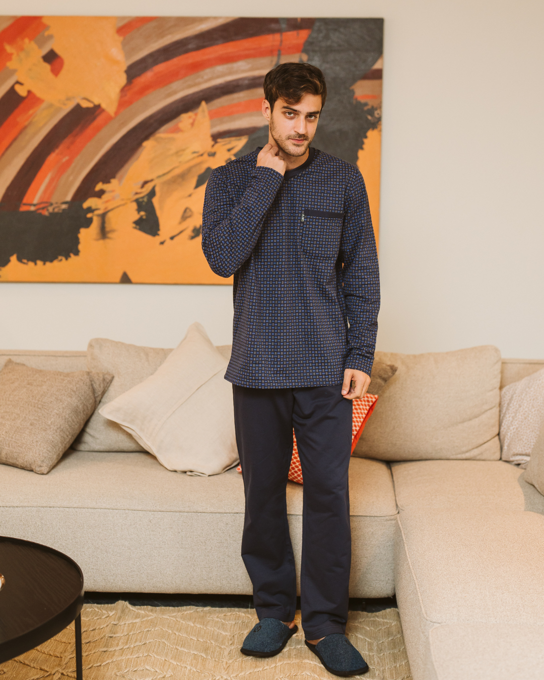 بيجاما رجالى مصبوغ مطبوع  * سادة ، جاكيت مصبوغ مطبوع كم طويل مع رقبة